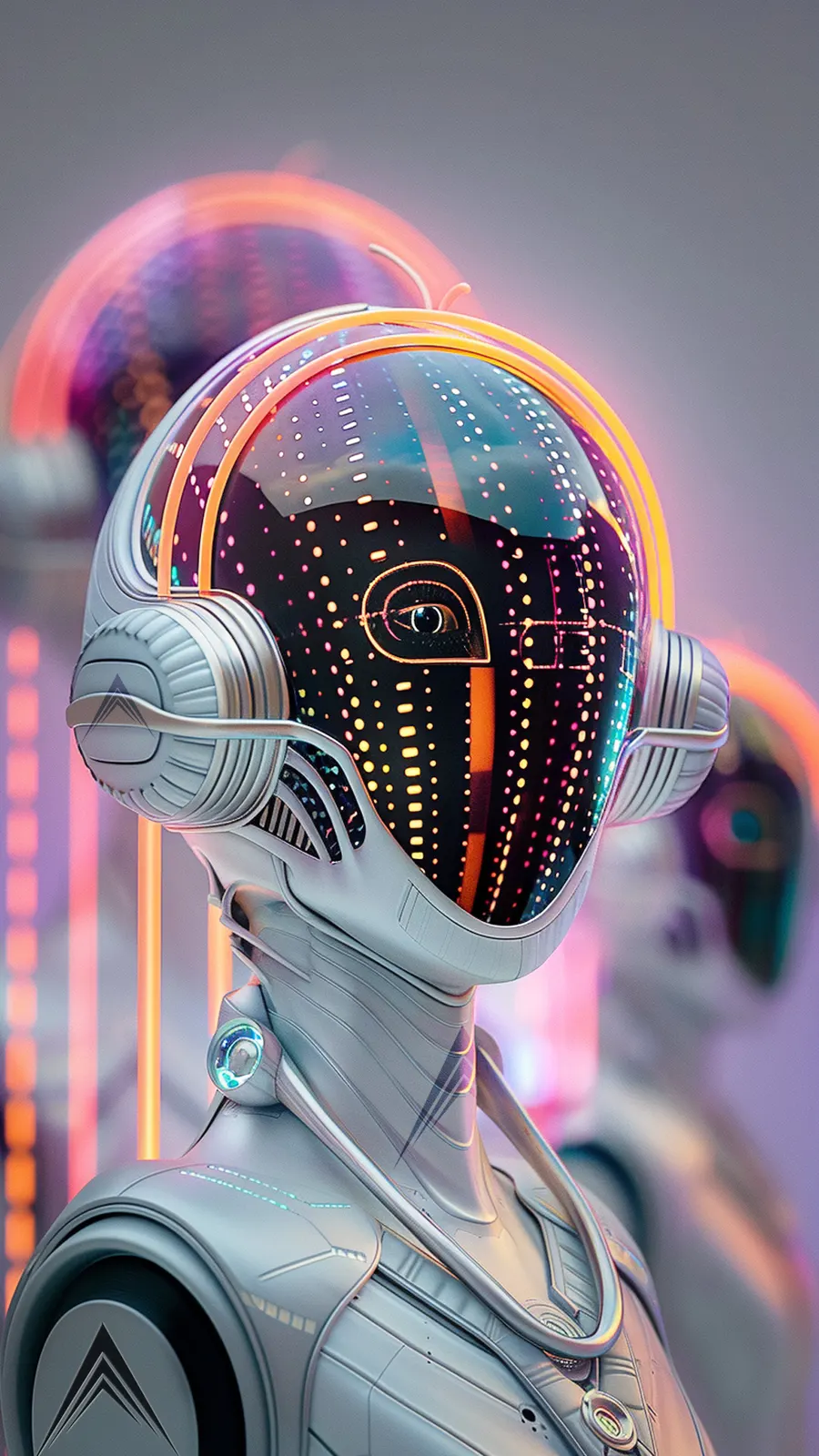 A silver android with a neon helmet and the RichX triangle on its shoulder