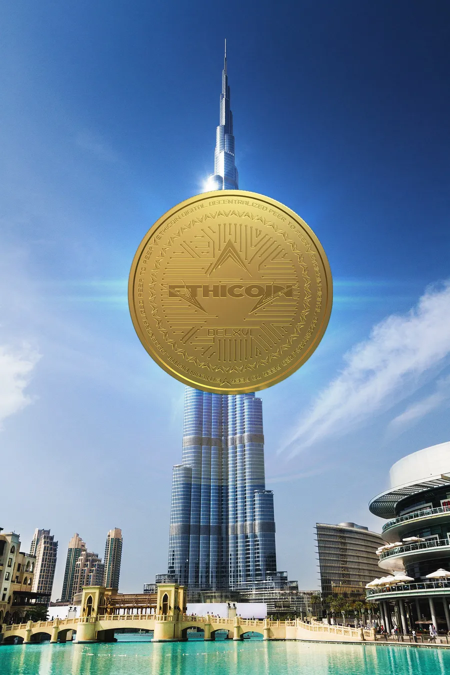 A giant gold Ethicoin in front of the tallest tower in Dubai