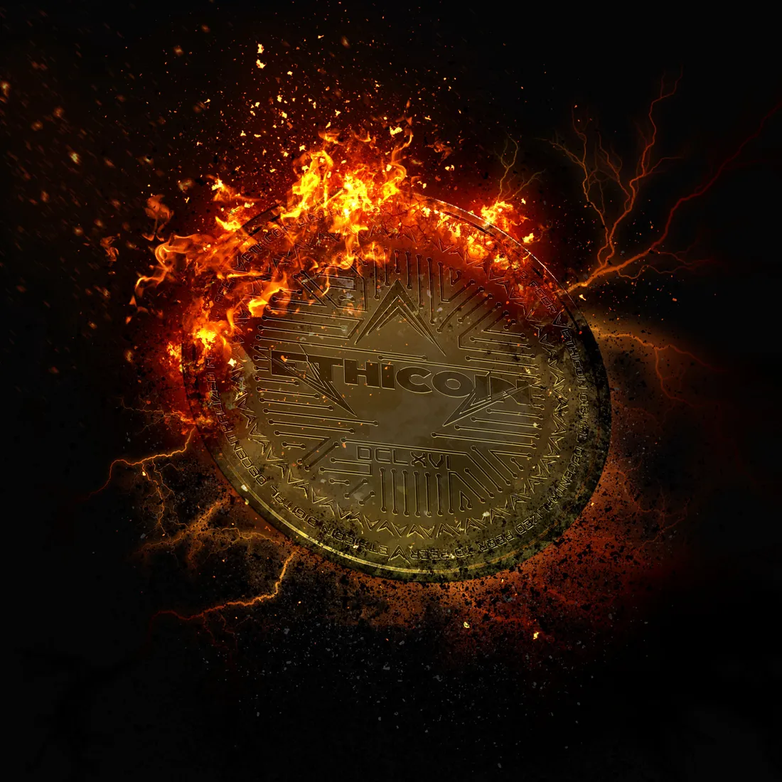 An Ethicoin surrounded by fire and lightning