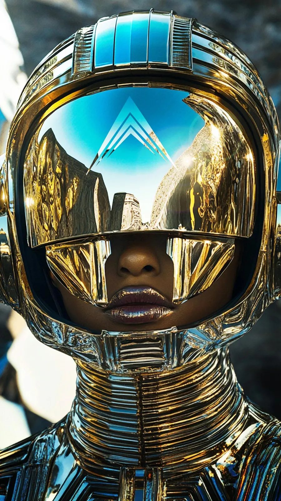 A golden space helmet with the RichX triangle reflected in its visor