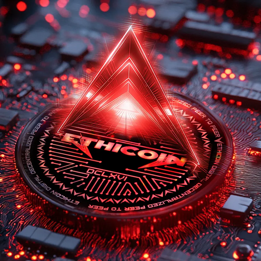 A red glowing Ethicoin on a circuit board
